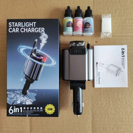 شاحن سيارة سريع 6 في 1 مع إضاءة StarLight