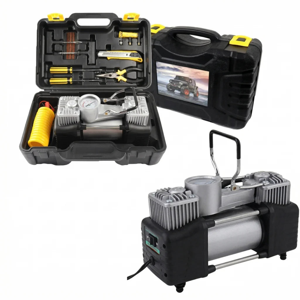 ضاغط هواء مزدوج الأسطوانة 12 فولت مع عدة إصلاح الإطارات 150 PSI | Compresseur d’air double cylindre 12V avec kit de réparation de pneus 150 PSI