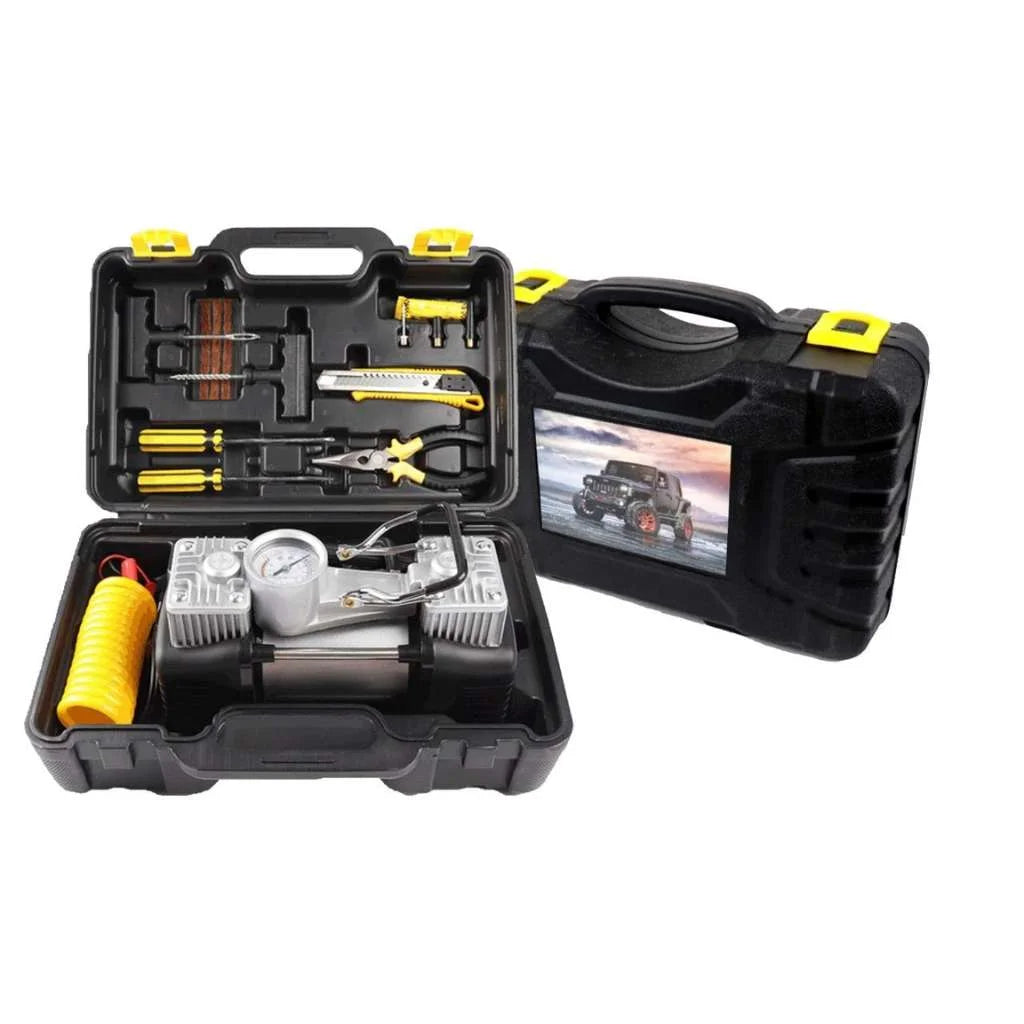 ضاغط هواء مزدوج الأسطوانة 12 فولت مع عدة إصلاح الإطارات 150 PSI | Compresseur d’air double cylindre 12V avec kit de réparation de pneus 150 PSI