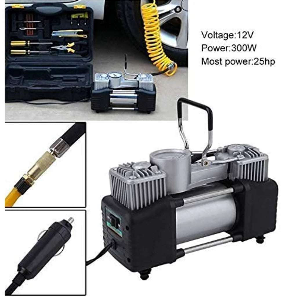 ضاغط هواء مزدوج الأسطوانة 12 فولت مع عدة إصلاح الإطارات 150 PSI | Compresseur d’air double cylindre 12V avec kit de réparation de pneus 150 PSI