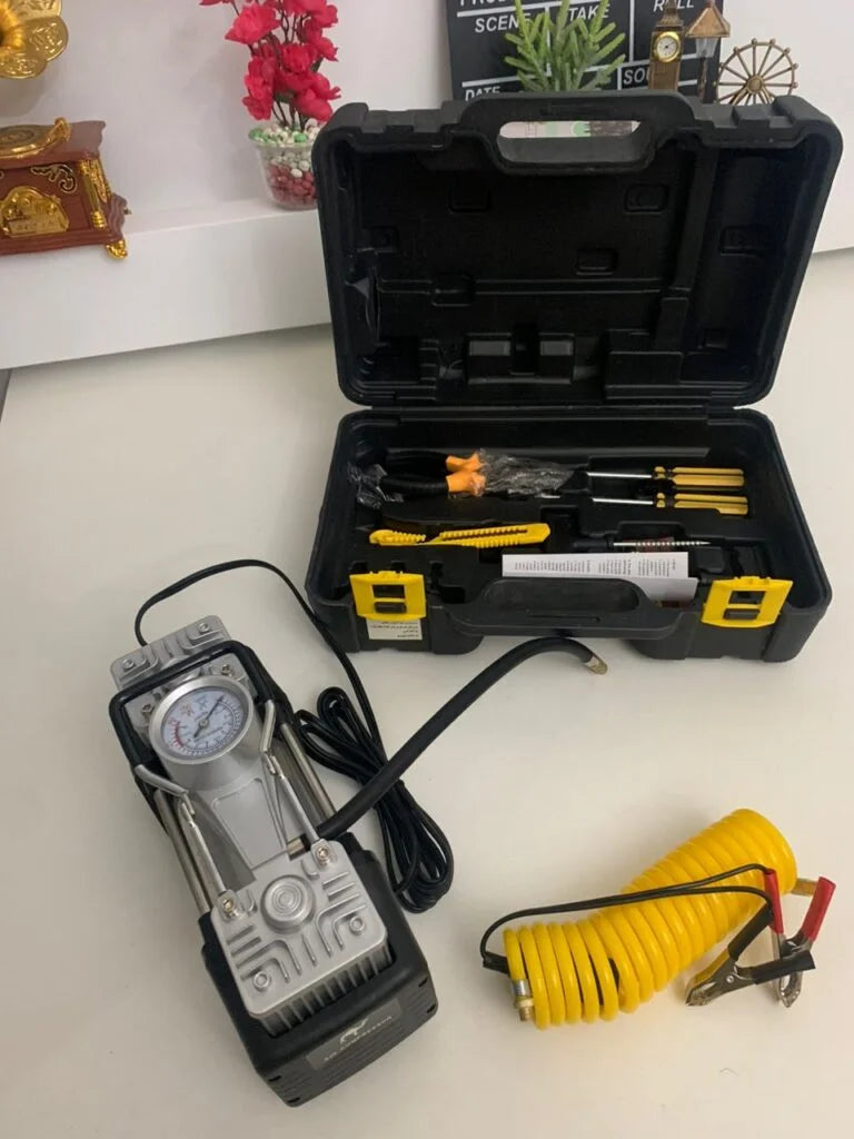 ضاغط هواء مزدوج الأسطوانة 12 فولت مع عدة إصلاح الإطارات 150 PSI | Compresseur d’air double cylindre 12V avec kit de réparation de pneus 150 PSI