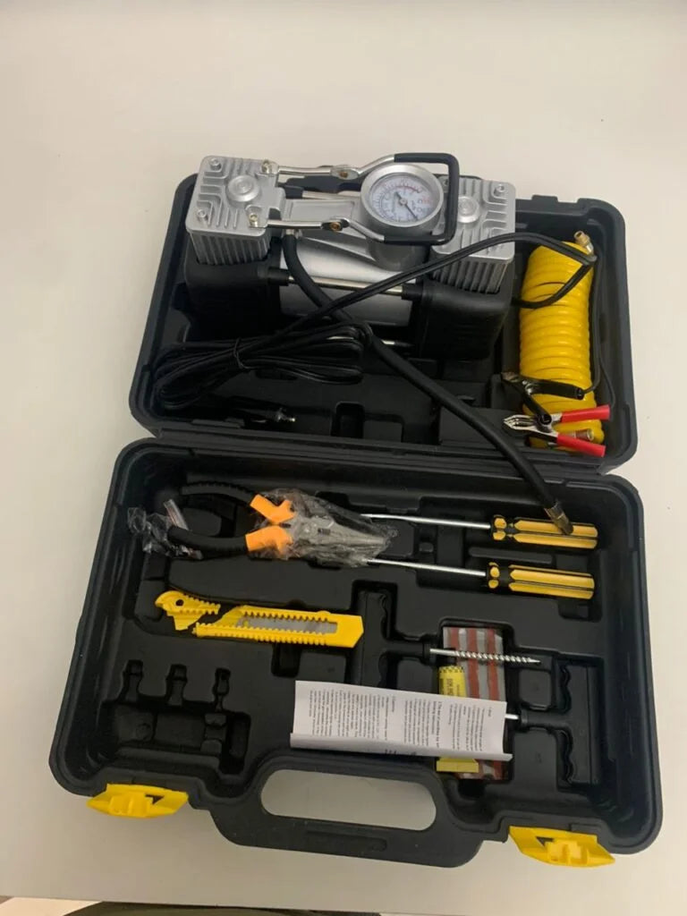 ضاغط هواء مزدوج الأسطوانة 12 فولت مع عدة إصلاح الإطارات 150 PSI | Compresseur d’air double cylindre 12V avec kit de réparation de pneus 150 PSI